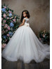 Beaded Ivory Lace Tulle Keyhole Back Long Flower Girl Dress